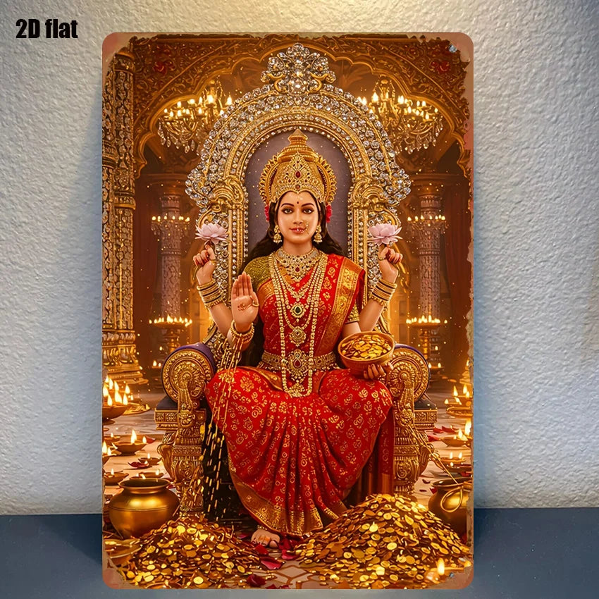 A 2D flat illustration of a Metal Durga Lakshmi Wall Art Statue seated on a throne surrounded by gold and flowers.