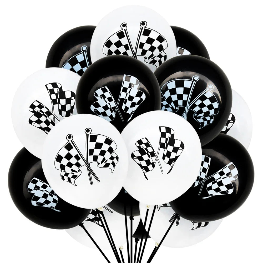 A bunch of black and white checkered race car number balloons for birthday party decorations