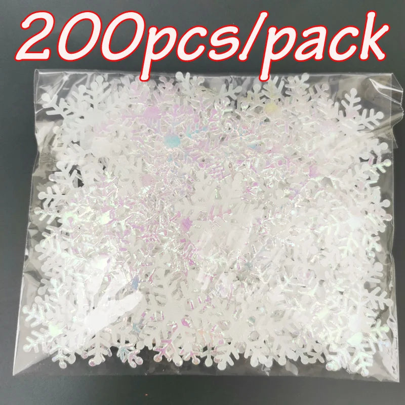 A clear plastic bag containing 200 pieces of white frosted snowflake confetti for holiday decorations.