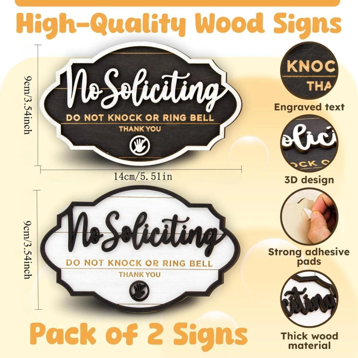 Pack of 2 high-quality wood no soliciting signs with engraved text and 3D design