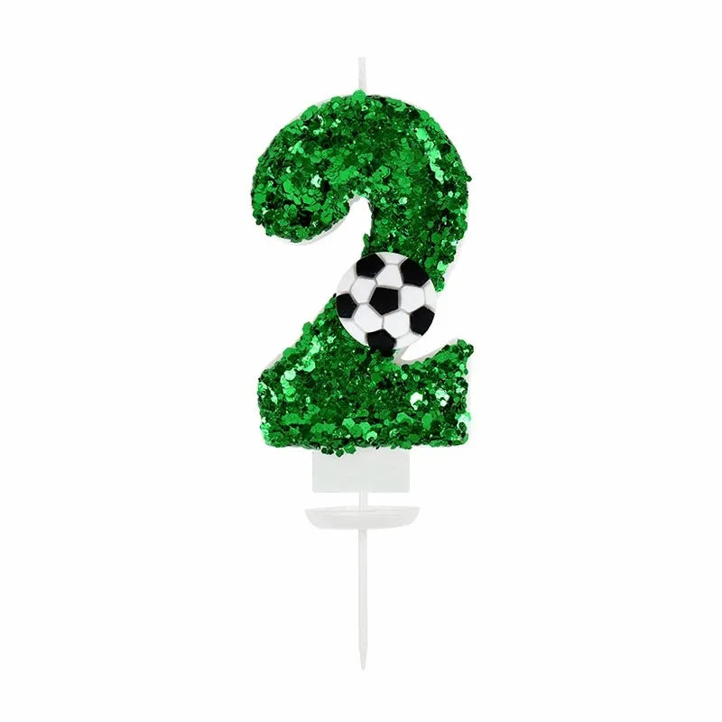 Green glitter number 2 with a soccer ball design for a birthday candle