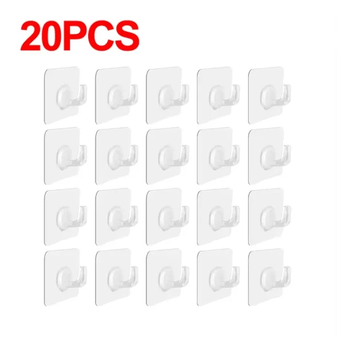 A set of twenty transparent heavy-duty self-adhesive hooks arranged in a grid.