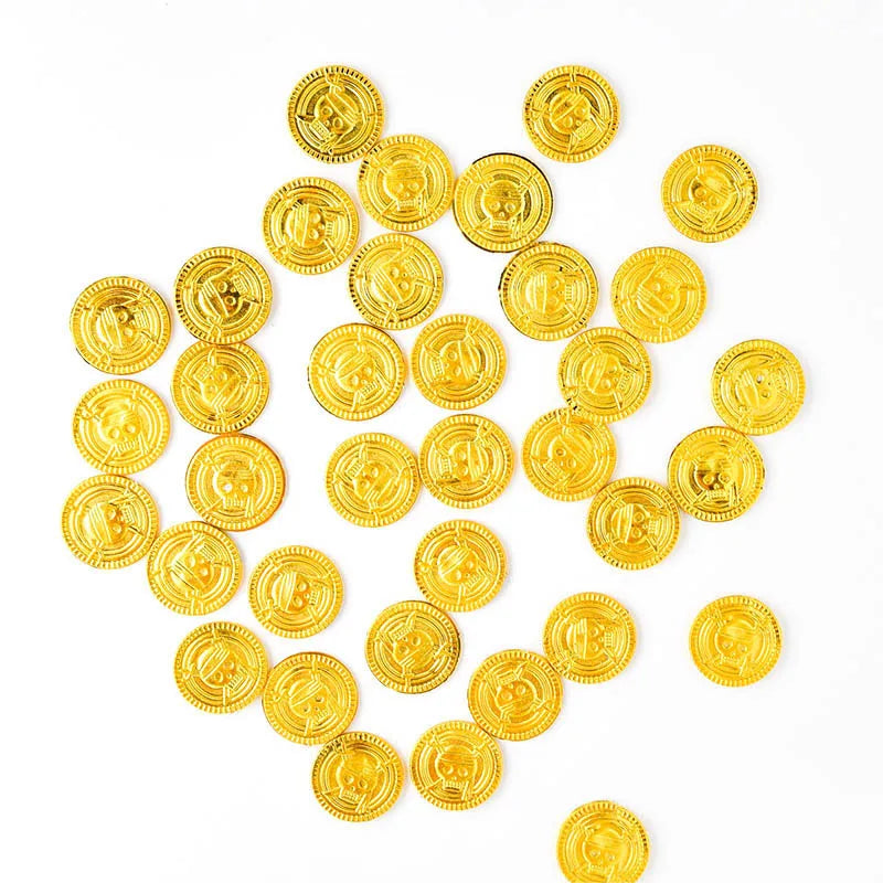 A collection of small, round gold coin party favors arranged in a starburst pattern.
