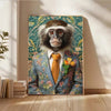 A canvas print featuring a portrait of a marmoset monkey in a floral pattern against a green background.
