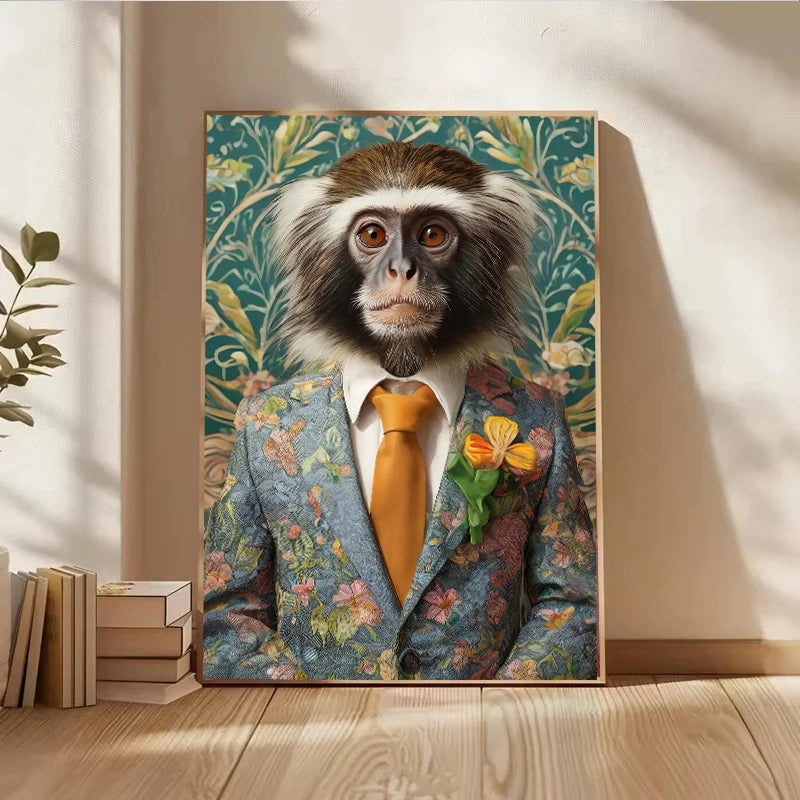 A canvas print featuring a portrait of a marmoset monkey in a floral pattern against a green background.