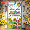 A colorful classroom door banner featuring children learning behind a door decorated with sunflowers and festive bunting.