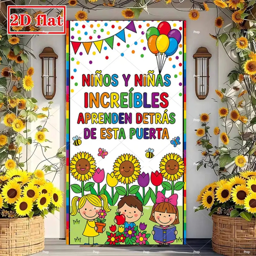 A colorful classroom door banner featuring children learning behind a door decorated with sunflowers and festive bunting.