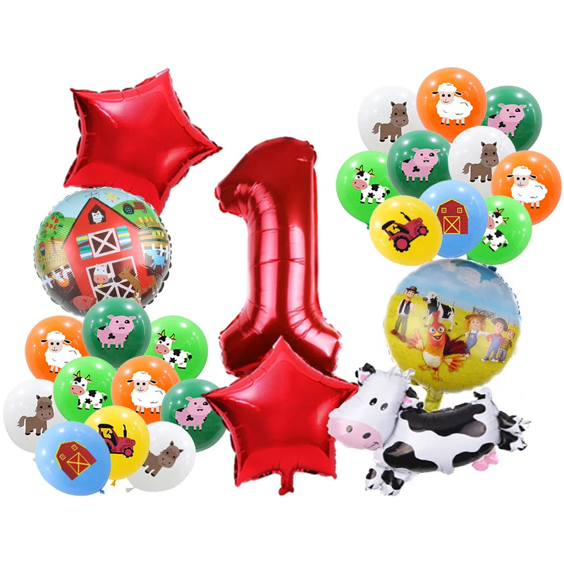 A collection of red and green balloons shaped like numbers, stars, and animals for a farm ranch birthday party decoration kit