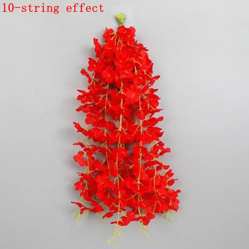 A vibrant red 10-string effect artificial wisteria hanging flower garland.