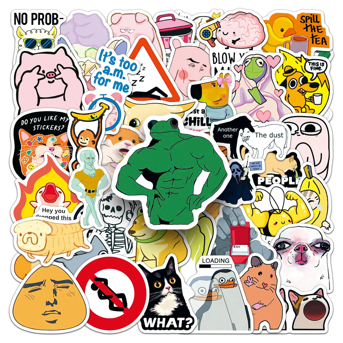 A collection of funny meme graffiti stickers featuring various animals and characters