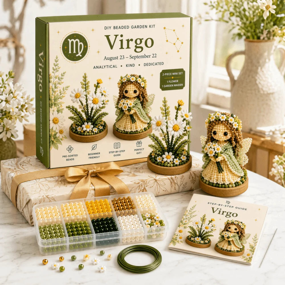 A box of Virgo DIY beaded garden kit with finished figures and beads displayed on a white marble surface.