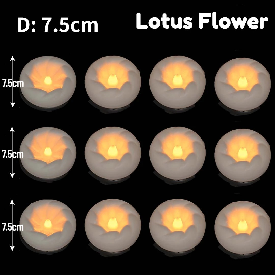 A set of seven white floating LED tealight candles, each measuring 7.5cm, displayed against a black background.