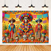 A vibrant Day of the Dead fiesta photo backdrop featuring colorful floral skull designs and bright decorations.