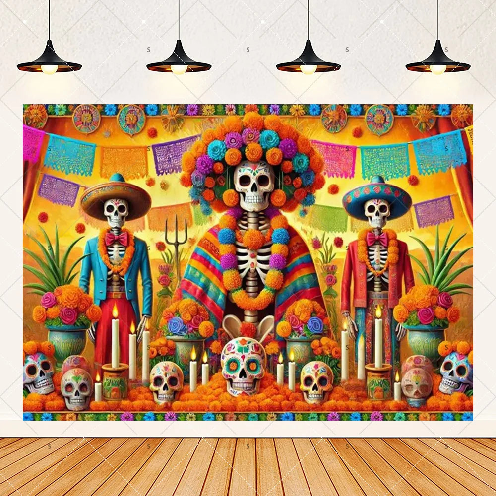 A vibrant Day of the Dead fiesta photo backdrop featuring colorful floral skull designs and bright decorations.
