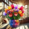 A bouquet of colorful tulips in a glass pot hangs as a sun catcher ornament near a window.