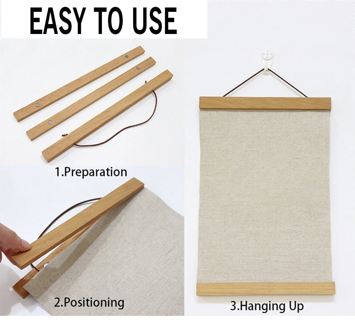 Instructions showing the preparation, positioning, and hanging of a magnetic wooden poster hanger.