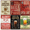 A collection of vintage-style metal bar signs featuring humorous and bold text about beer