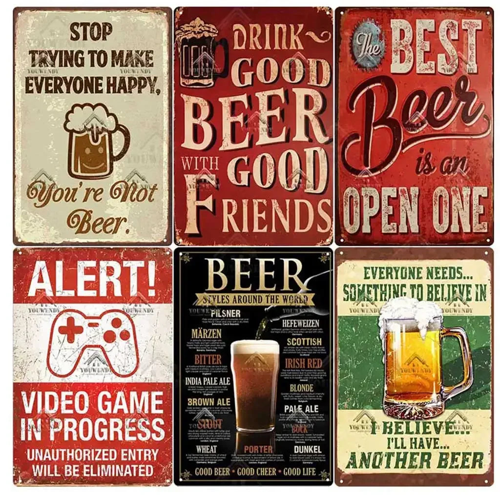 A collection of vintage-style metal bar signs featuring humorous and bold text about beer