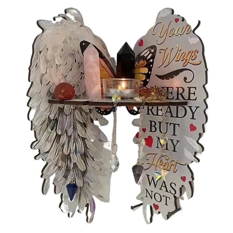 Boho wood angel wing wall shelf featuring crystal and decorative elements.