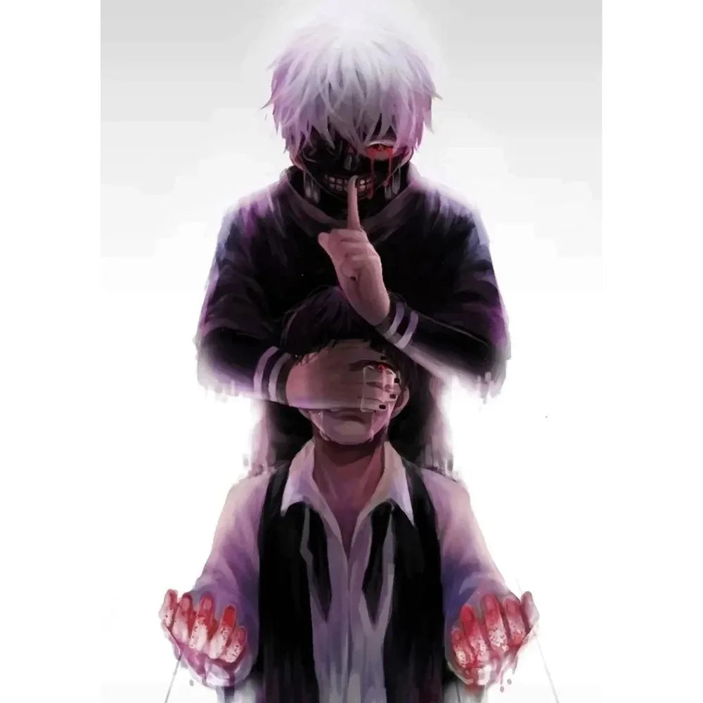 Anime poster featuring a character with white hair and a black mask pointing a finger over another person.