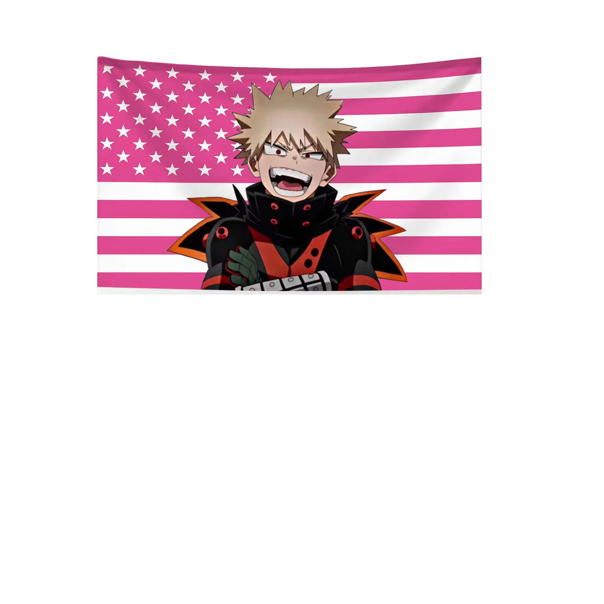 A tapestry featuring an anime character resembling Bakugo Katsuki against a pink and white striped flag background.