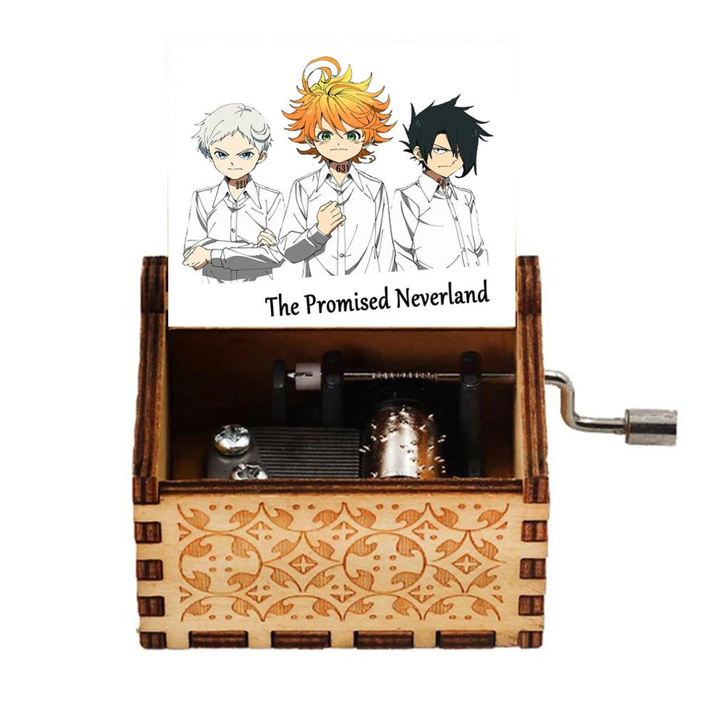 صندوق موسيقى خشبي يدوي يحمل ثلاث شخصيات أنمي من 'The Promised Neverland'
