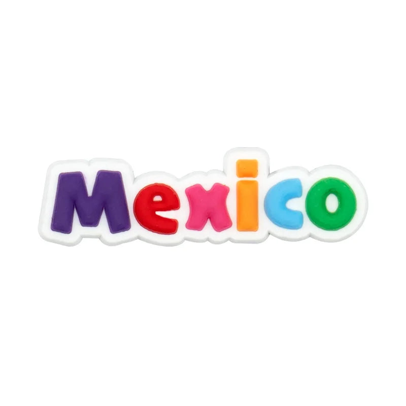 Colorful PVC shoe charms shaped like the word Mexico for sneakers