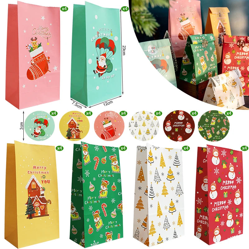 A collection of colorful Christmas themed kraft paper gift bags with seal stickers in various shades of pink, green, and yell