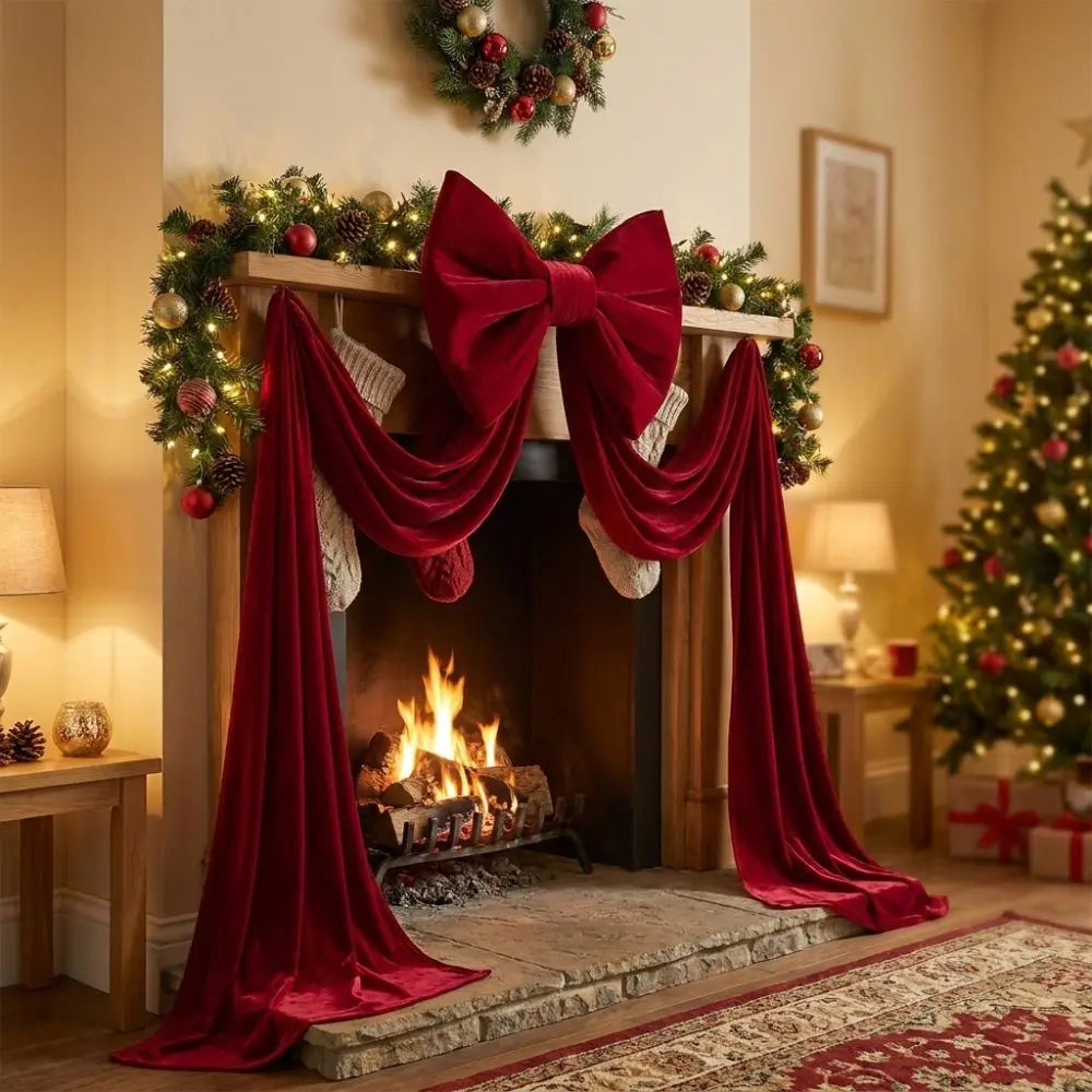 A velvet Christmas tree bow with long draping tails displayed on a fireplace mantel decorated with greenery.