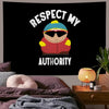 A black tapestry wall hanging featuring a cartoon character wearing sunglasses and a blue hat with the text Respect My Author