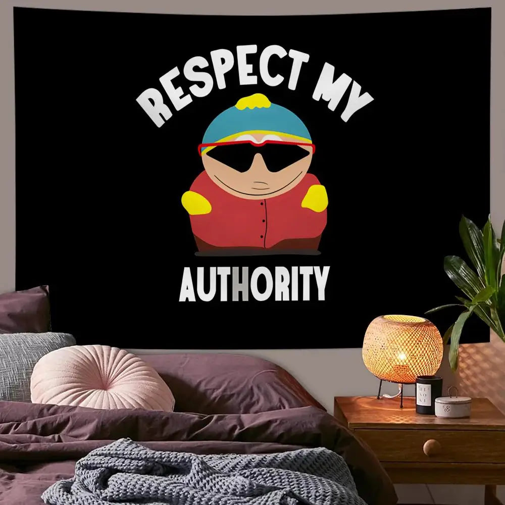 A black tapestry wall hanging featuring a cartoon character wearing sunglasses and a blue hat with the text Respect My Author