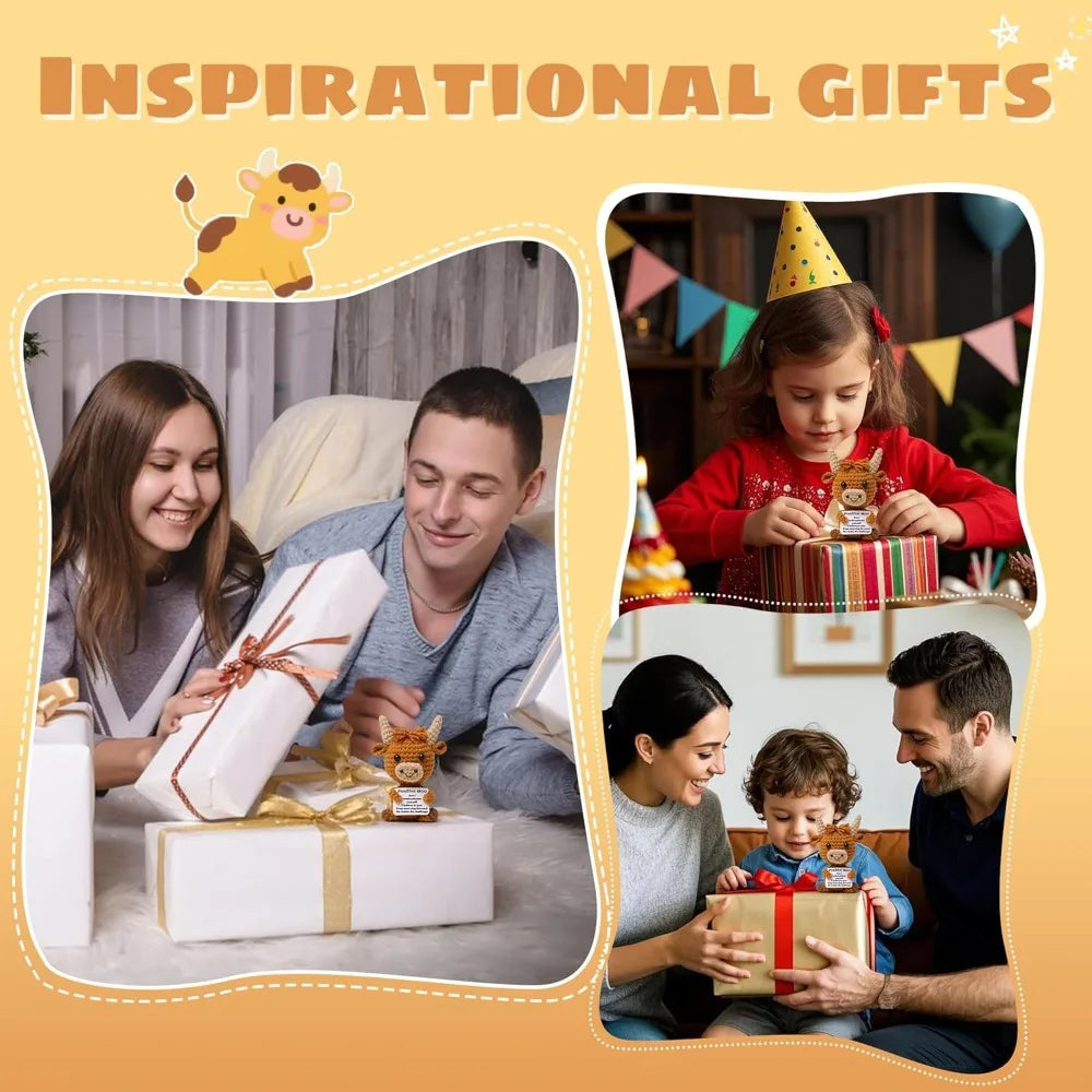 A mother and child are unwrapping a crocheted Highland cow keychain keepsake gift box.