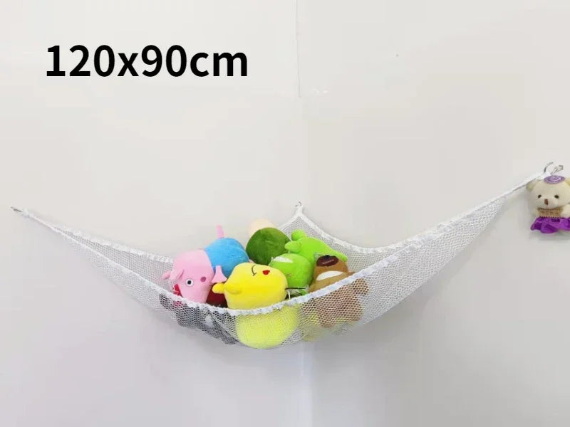 A white mesh storage organizer hammock displaying various colorful stuffed animals.