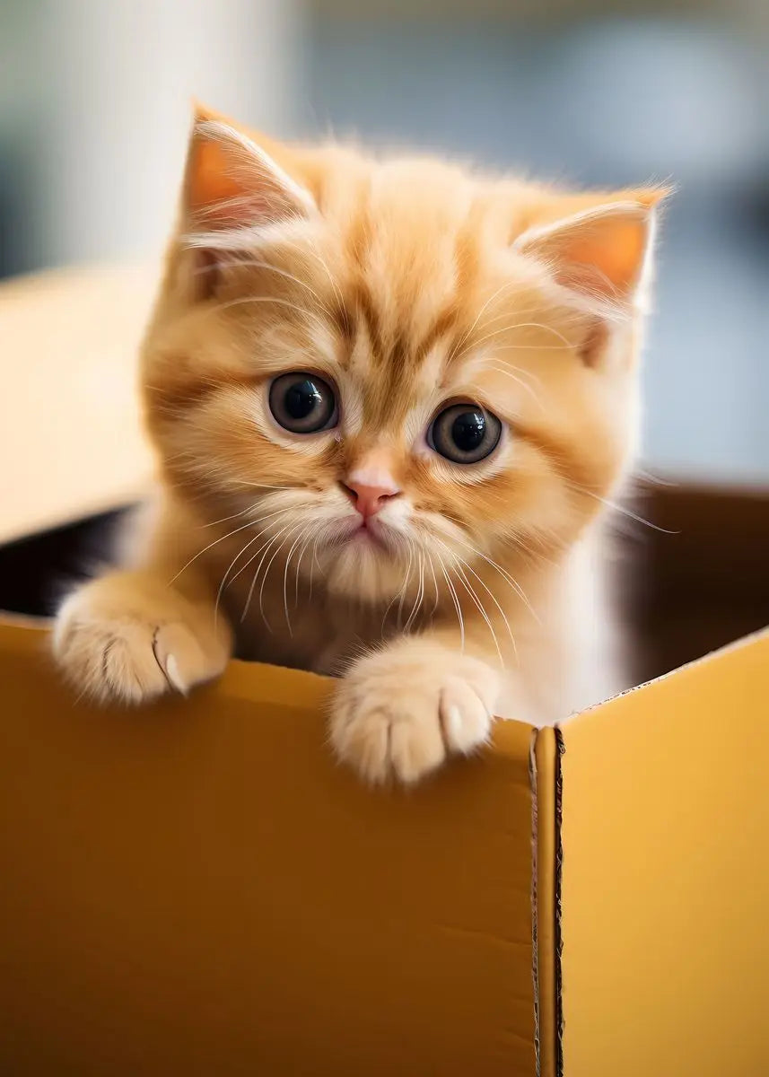 A fluffy orange kitten peeks out of a cardboard box.