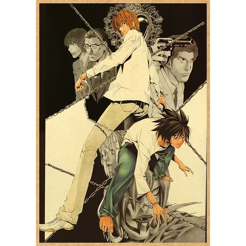 Anime artwork featuring characters from Death Note in a vertical composition with distressed edges.