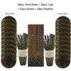 A set of black and gold disposable dinnerware including plates, cups, straws, and napkins.