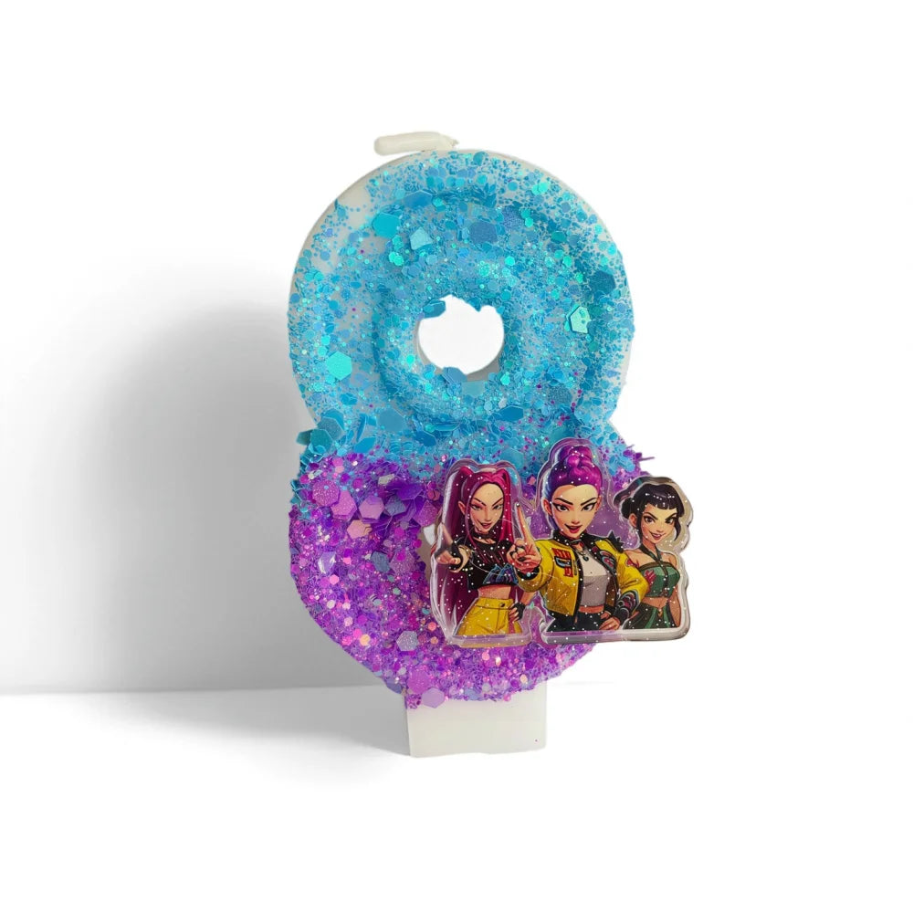 A blue glitter candle with a hole, featuring illustrations of three characters.