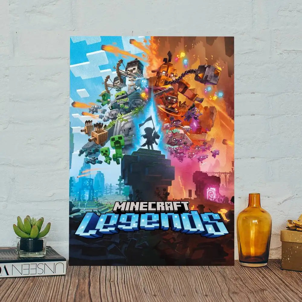 A vibrant digital artwork depicting a dynamic battle scene featuring Minecraft Legends characters and elements.
