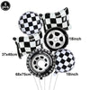 A set of six black and white checkered race car number balloons for birthday party decorations.