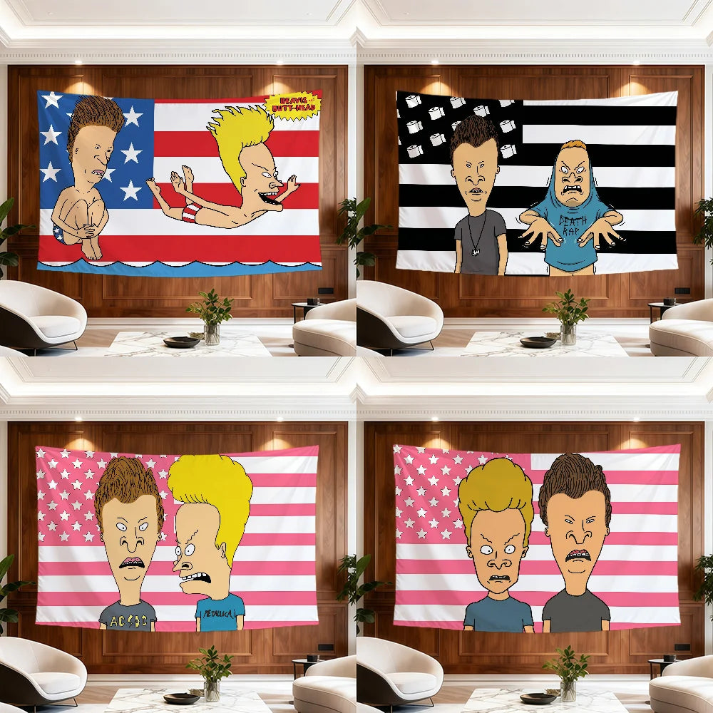 A large fabric flag featuring Beavis and Butt-Head characters in various poses for decor
