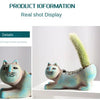 A ceramic succulent planter shaped like a cat, featuring iridescent blue and green glaze.
