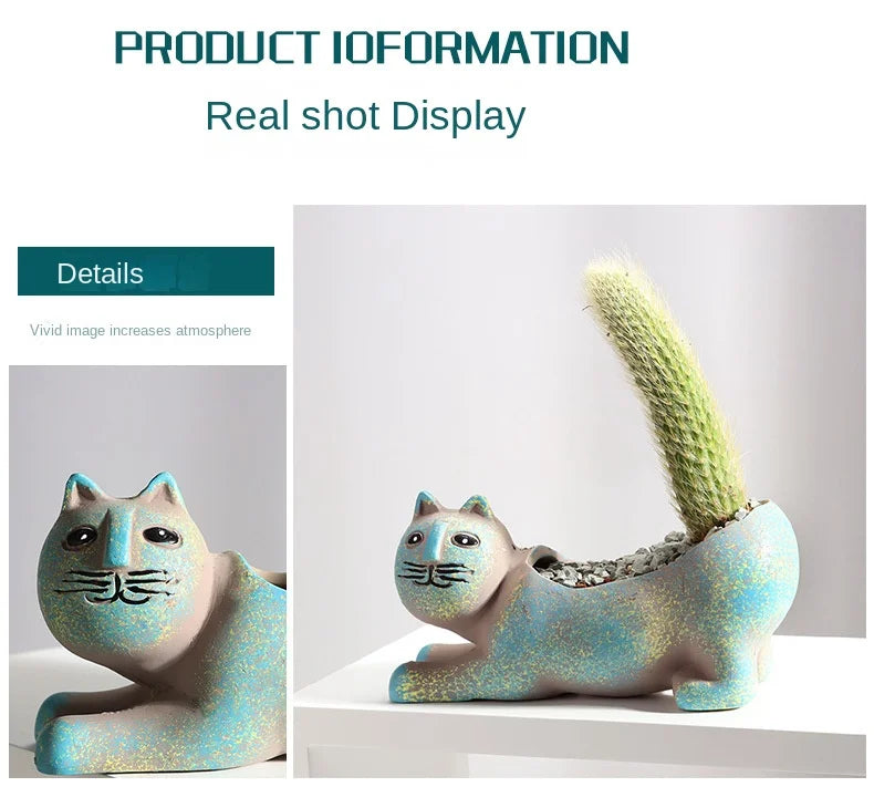 A ceramic succulent planter shaped like a cat, featuring iridescent blue and green glaze.