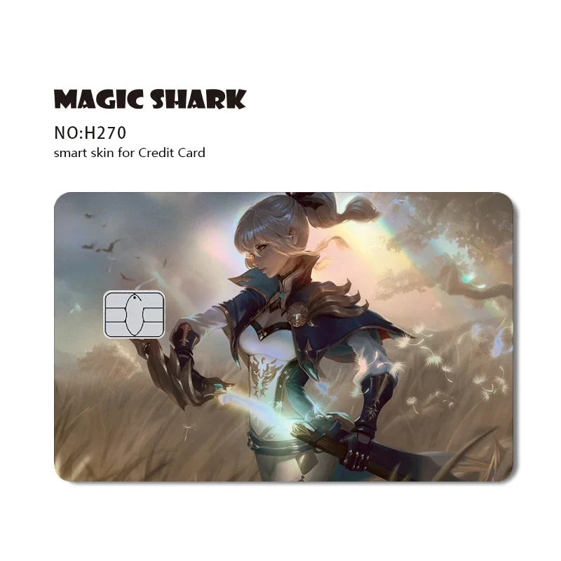 A digital illustration of a character with glowing blue energy, used as a skin for a credit card.