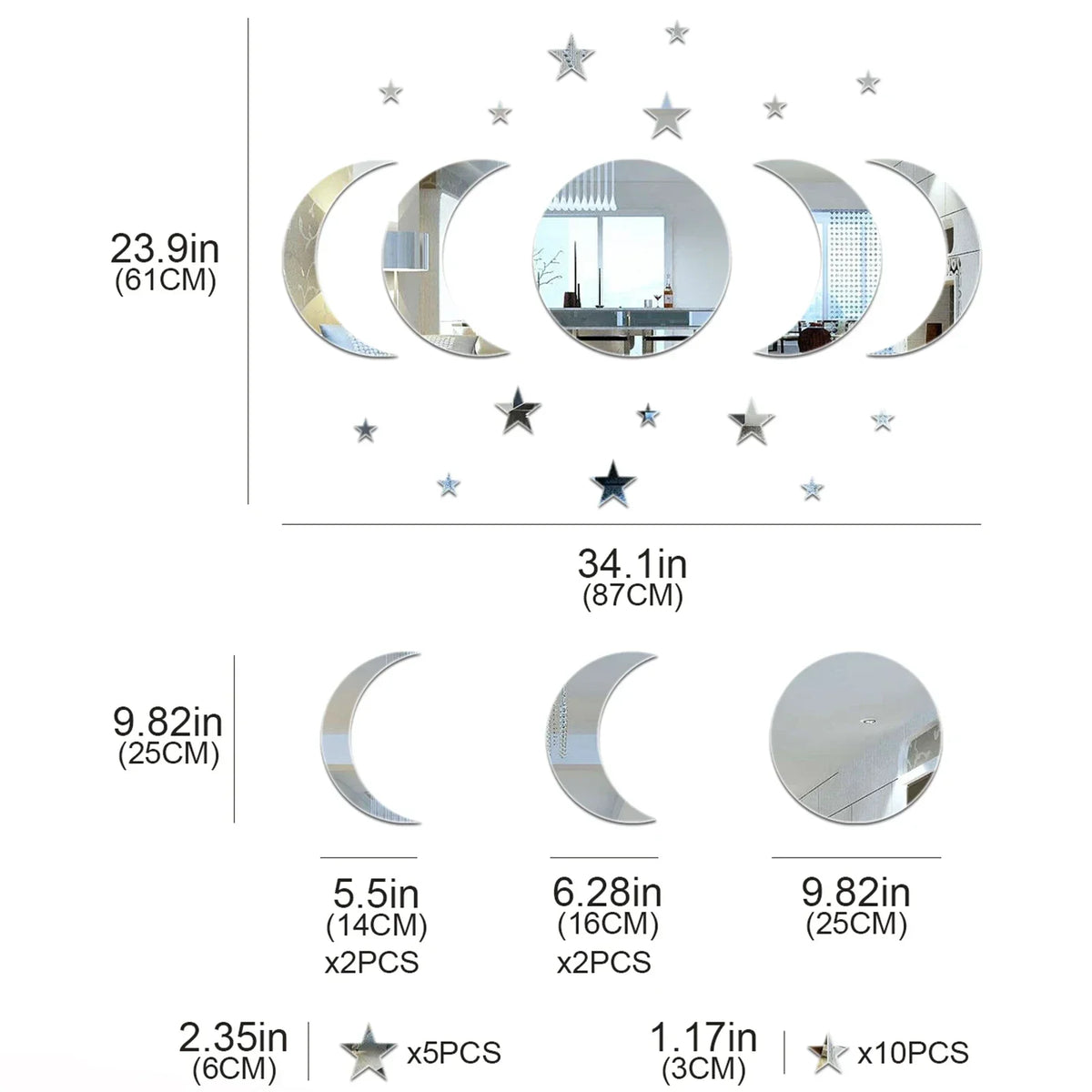 20-Piece Acrylic Moon & Star Wall Decals with 3D Mirror Finish