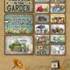 A collection of vintage metal tin signs featuring garden and home decor themes on a textured wall.