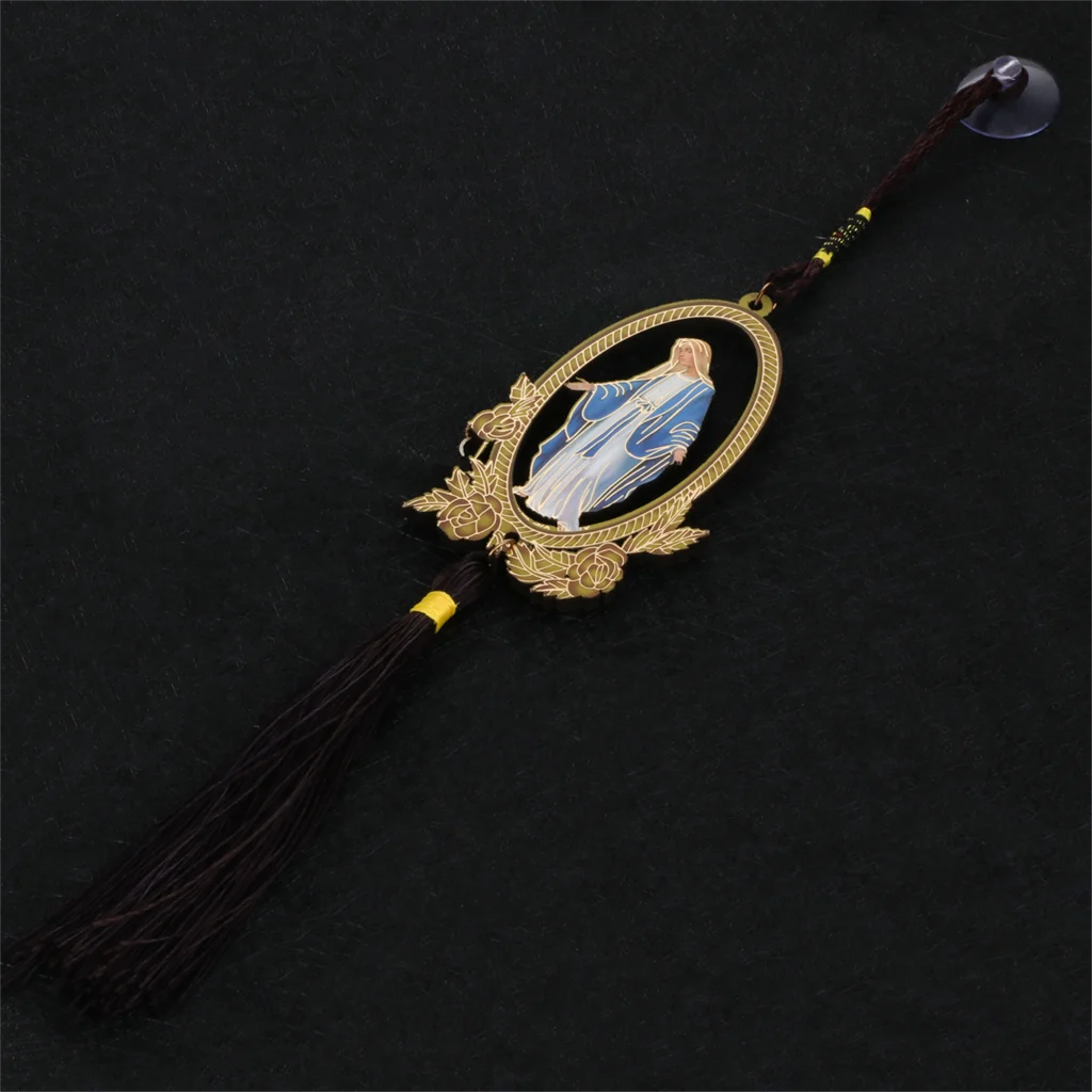 A wooden pendant ornament depicting Our Lady of Grace with a blue and white robe, suspended by a dark cord.