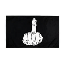 A black flag featuring a white hand gesture with the index finger extended.