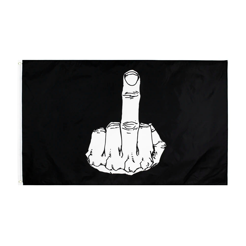 A black flag featuring a white hand gesture with the index finger extended.