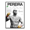 A black and white portrait of a male boxing fighter named Pereira with intense facial expression.