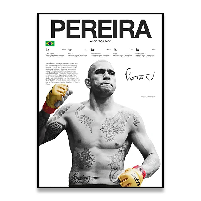 A black and white portrait of a male boxing fighter named Pereira with intense facial expression.